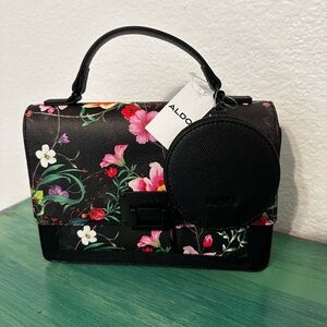 Aldo Black and Floral Top Handle Bag with Crossbody Strap and Coin Pouch
